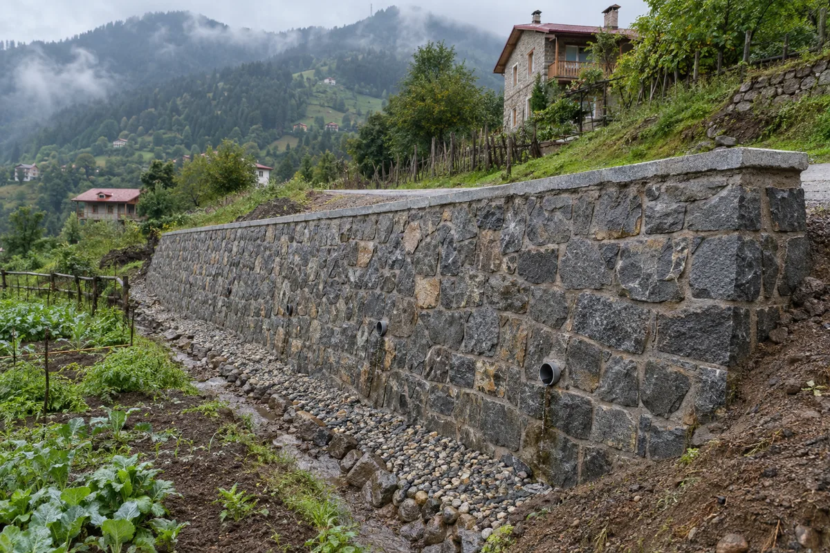 Trabzon köy yerinde doğal taşla örülmüş taş istinat duvarı