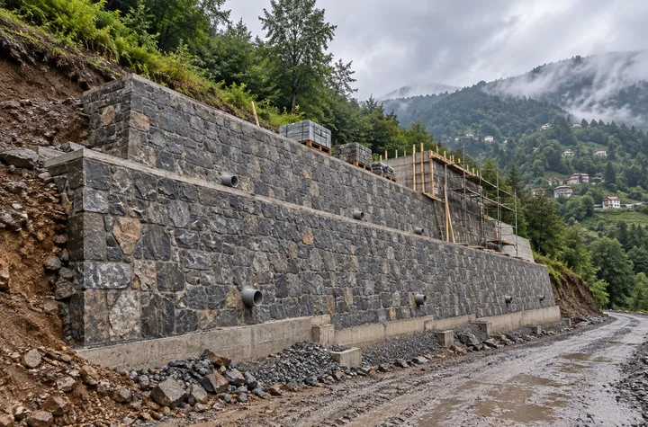 Trabzon’da eğimli arazide drenajlı taş istinat duvarı uygulaması