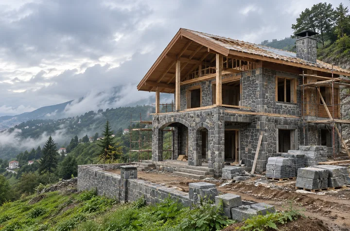 Trabzon’da eğimli arazide yapımı süren taş ve ahşap ev