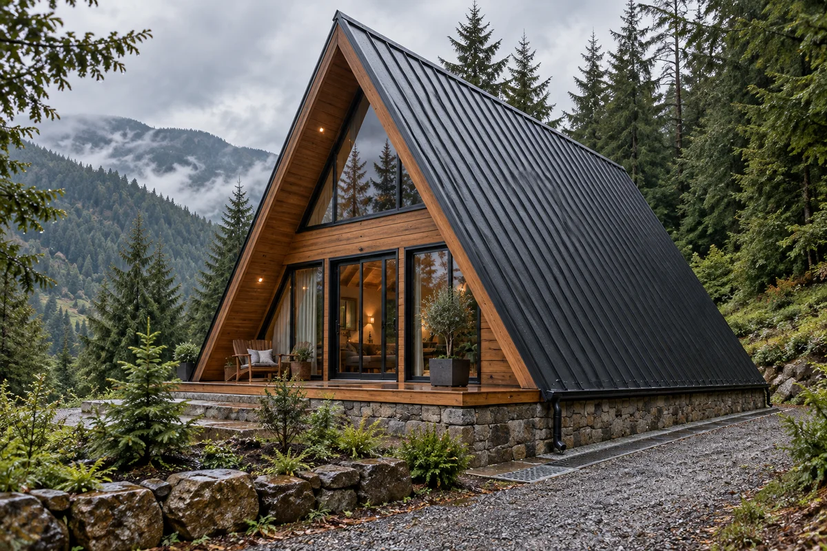 Trabzon dağlarında çam ormanı içinde ahşap cepheli ve metal çatılı A-frame bungalov ev