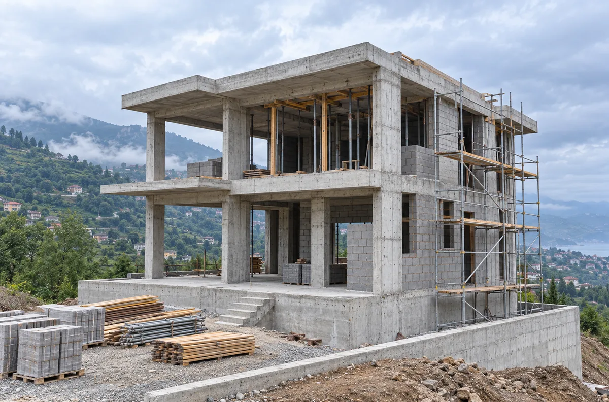 Trabzon’da betonarme kaba inşaatı devam eden müstakil ev şantiyesi